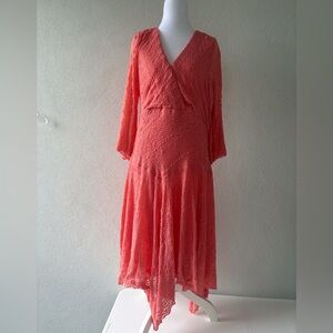 Rabbit Rabbit Rabbit Designs Size 16 Coral Color Crochet Midi Dress 3/4 Sleeve